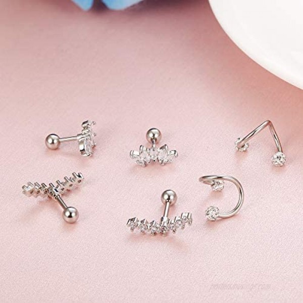 JOERICA 3 Pairs Stainless Steel Silver Ear Cartilage Earrings for Women Girls Tragus Helix Earring Cute Conch Flat Back Piercing Jewelry 16G