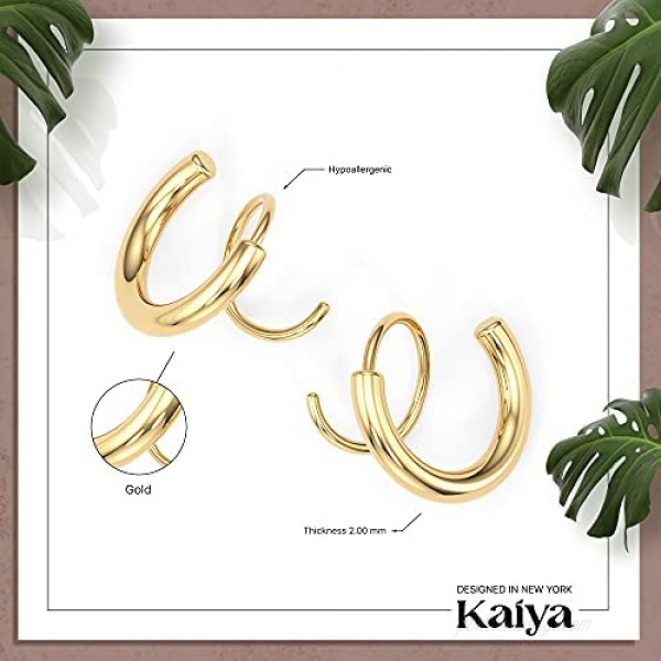 KAIYA - Premium Spiral Double Hoop Twist Earrings 14K Gold and Silver Plated Unique Chunky Double Helix Huggies Wrap Stud Earring Trendy Dainty Tiny Ear Cuff Piercing studs for Women
