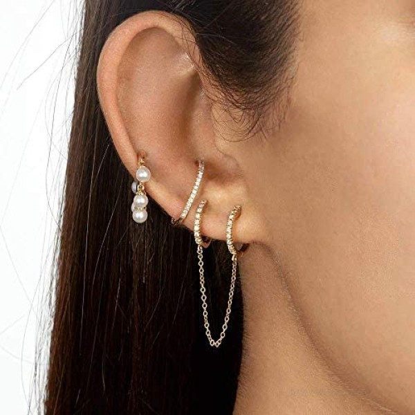 KunxQing 925 Sterling Silver Cuff Chain Double Huggie Earrings Cubic Zirconia Wrap Earrings for Women Crawler Earrings
