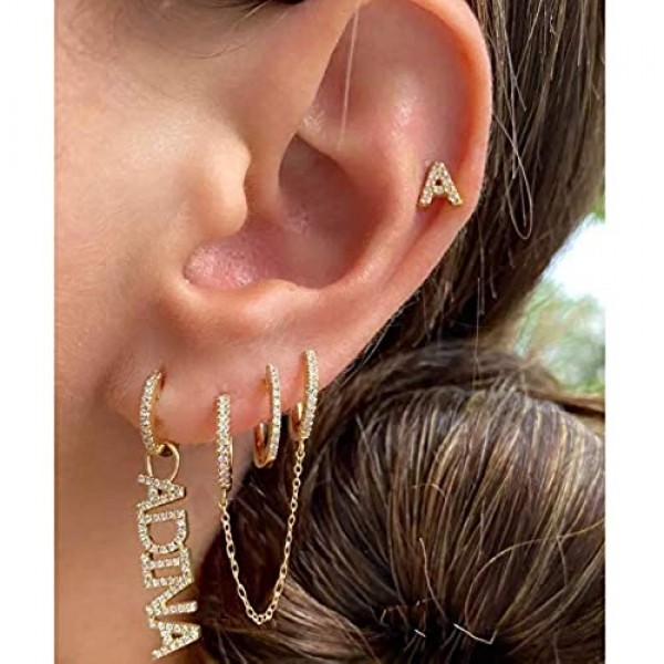 KunxQing 925 Sterling Silver Cuff Chain Double Huggie Earrings Cubic Zirconia Wrap Earrings for Women Crawler Earrings