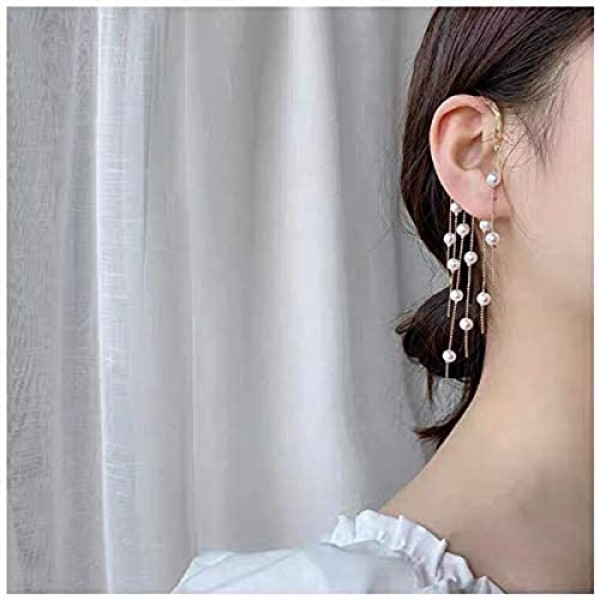 LANTAI 2 PCS Ear Wrap Dangle Earrings Rhinestone Pearl Ear Cuffs for Women Girls -Non Pierced Ear Cartilage Wrap Hoop Earrings