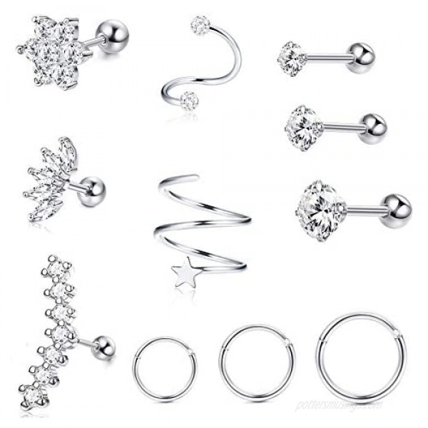 Milacolato 11Pcs Stainless Steel Ear Cartilage Earrings Hoops for Women Tragus Helix Conch Piercing CZ Barbell Stud 16-18G