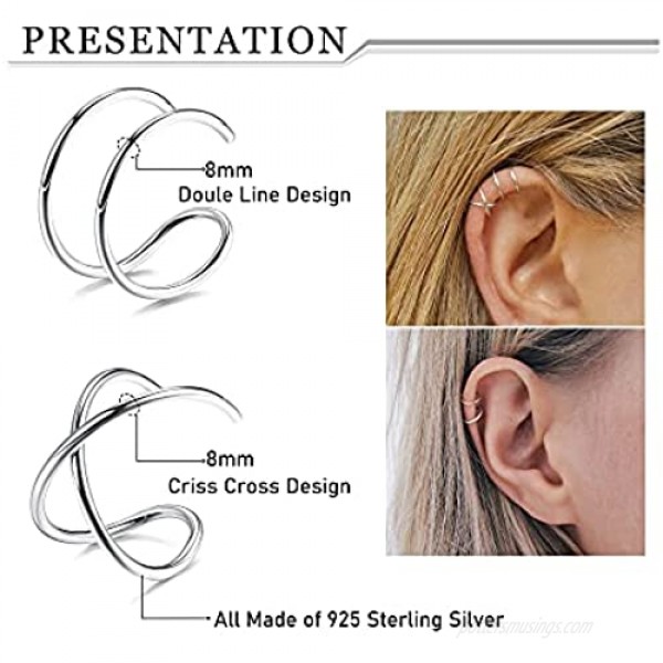 Milacolato 4Pcs Sterling Silver Ear Cuff Simple Criss Cross Double Lines Ear Cuffs Non Piercing Minimalist fake Helix Earcuff Cartilage Earring