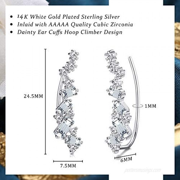 Milacolato 925 Sterling Silver Ear Crawler Earrings 14K Gold Plated Earring Cuffs Sparkly Emerald Cut Cubic Zirconia Ear Climber Earrings for Women