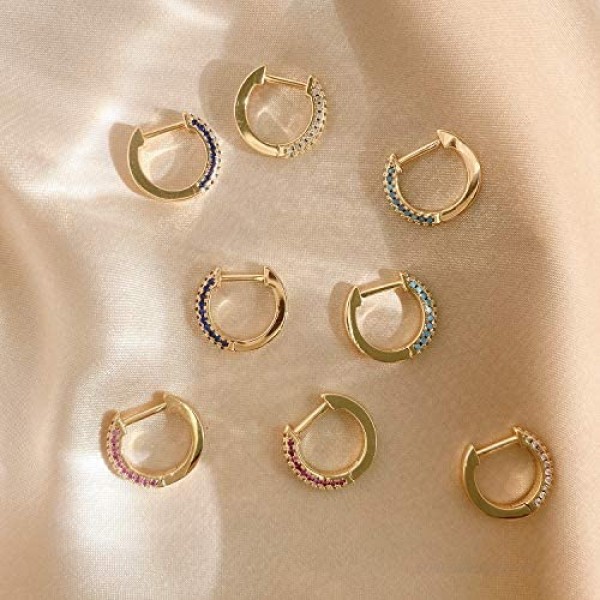 MYEARS Women Gold Huggie Hoop Earrings Ear Stud Cuff Diamond CZ Turquoise Inlay Half Sleeper 14K Gold Filled Tiny Boho Beach Simple Delicate Handmade Hypoallergenic Jewelry Gift