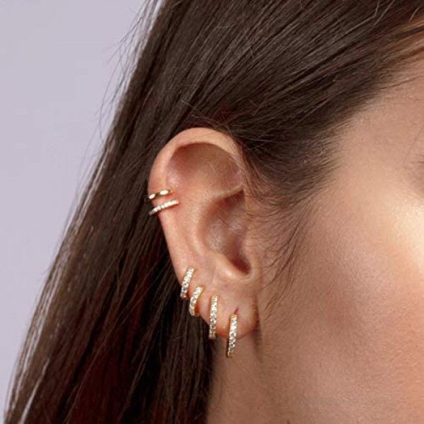 NOKMIT 3 Pairs Sterling Silver Small Hoop Earrings Platinum plated|Turquoise Earrings Tiny Cartilage Earring Cubic Zirconia Cuff Earrings Mini Hoops Earrings Ear Piercing for Women Girls