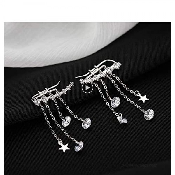 Reffeer Crawler Earrings Tassel Star Chain for Women Teen Girls Climber Earrings Cuff Wrap Earrings Droplet Dangle Chain 7 Crystals