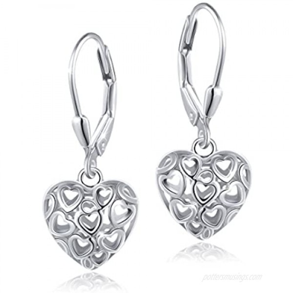 S925 Sterling Silver Heart Dangle Drop Leverback Clasp Lever back Earrings for Women
