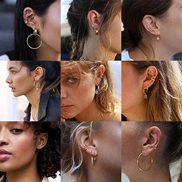 Sloong 10pcs Sparkling Ear Cuff pack Gold Dainty Helix Earrings Huggie Stud Cuff Earrings for women Earring Set | Clip On Cartilage non pierced