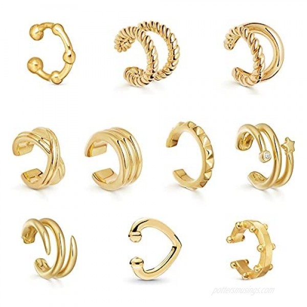 Sloong 10pcs Sparkling Ear Cuff pack Gold Dainty Helix Earrings Huggie Stud Cuff Earrings for women Earring Set | Clip On Cartilage non pierced
