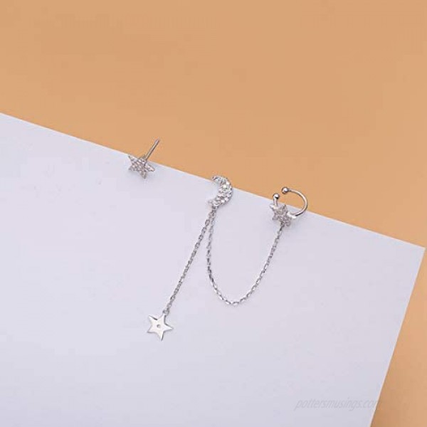 SLUYNZ 925 Sterling Silver Cuff Earrings Chain for Women Asymmetric Star Moon Earrings Crawler Earrings Dangling Chain