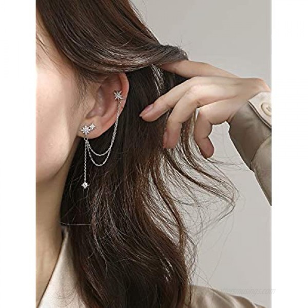 SLUYNZ 925 Sterling Silver Fashion Star Cuff Earring Chain for Women Teen Girls Star Crawler Earring Wrap Earrings