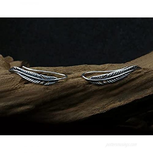 SLUYNZ 925 Sterling Silver Feather Crawler Earrings for Women Teen Girls Climber Earrings Cuff Earrings Wrap (Feather Earrings)