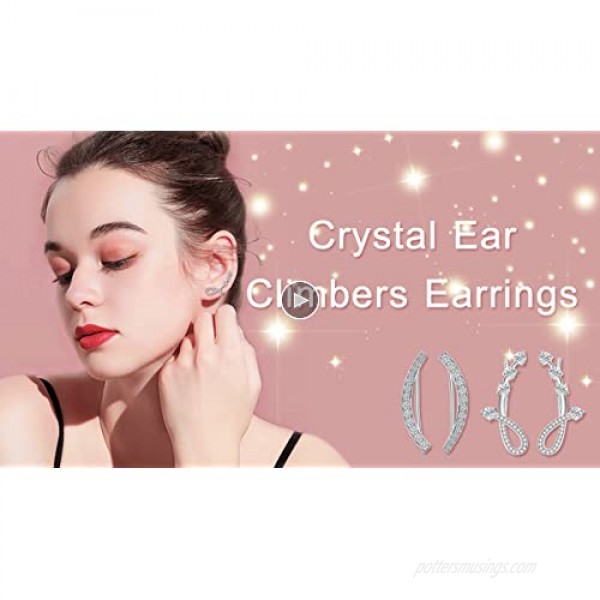 Sterling Silver Cubic Zirconia Ear Climber - Hypoallergenic Ear Cuffs Crystal Ear Crawler Cuff Earrings Set for Women Girls