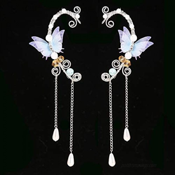 SXNK7 Elf Ear Cuffs Clip on Earrings Butterfly Flower Tassel Filigree Elven Cosplay Fairy Ear Wrap Cuffs Earrings for Women Girls Wedding Jewelry