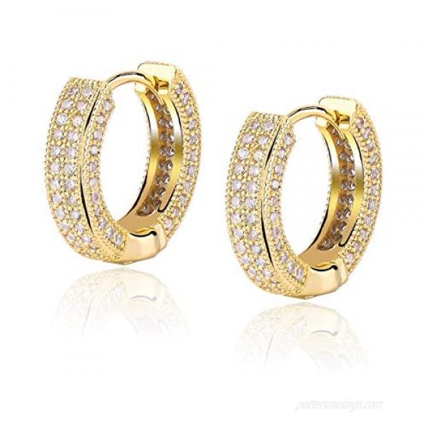TOPGRILLZ 14K Gold Plated 1/4/5 Row Iced Out Diamond Hypoallergenic Cubic Zirconia Huggie Cartilage Cuff Hoop Earrings Security Clasp Luxury Fashion Round Circle Earrings Jewelry Gift for Women Multiple Size-16/29/35MM