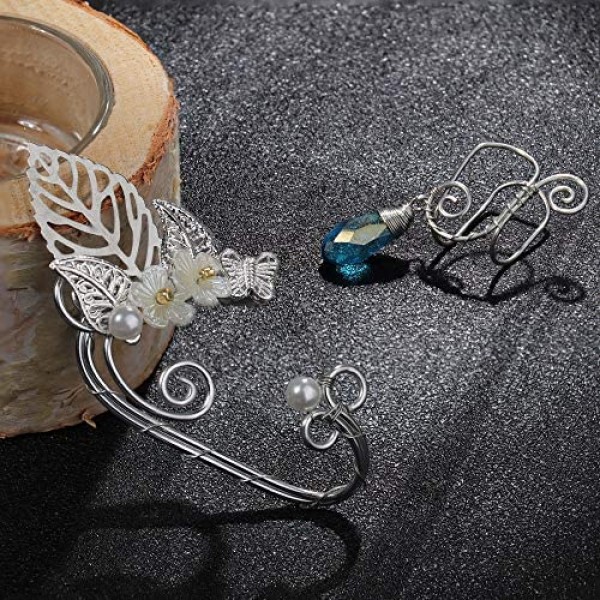 Udalyn 3 Pairs Elf Ear Cuffs Wing Earring Handmade Clip-On Earrings For Cosplay Elven Cuff Wrap Earrings Pearl Wing Tassel Filigree Fantasy Fairy Halloween Masquerade Earrings for Women
