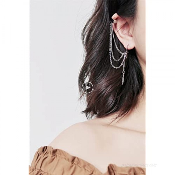 Vintage Tassel Ear Cuff Crawler Climber Earring for Women Girls Men Stainless Steel Cartilage Small Hoop Wrap Vine Clip on Feather Leaf Multi Layered Chain Drop Fashion Jewelry One Piece