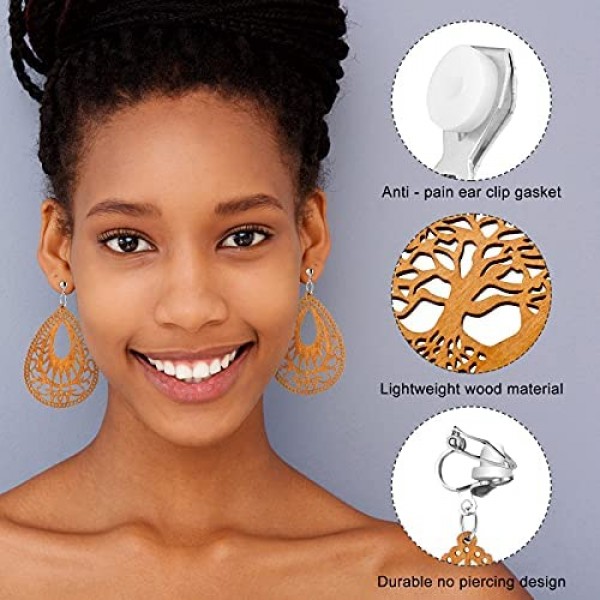 12 Pairs African Wooden Clip on Earrings Bohemian Pendant Dangle Clip-on Earrings Lightweight Non Piercing Earrings for Women