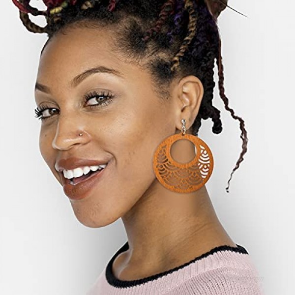 12 Pairs African Wooden Clip on Earrings Bohemian Pendant Dangle Clip-on Earrings Lightweight Non Piercing Earrings for Women