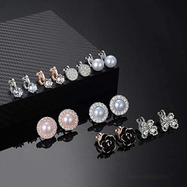 8 Pairs Clip Earrings for Women Set Rose Flower Simulated Pearl Twist Knot Sparkly Cubic Zirconia Crystal Round Non Pierced Clip On Stud Earrings…