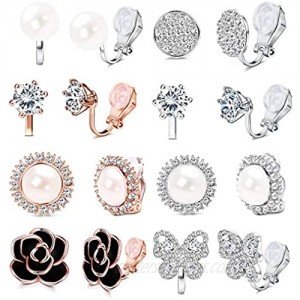 8 Pairs Clip Earrings for Women Set Rose Flower Simulated Pearl Twist Knot Sparkly Cubic Zirconia Crystal Round Non Pierced Clip On Stud Earrings…