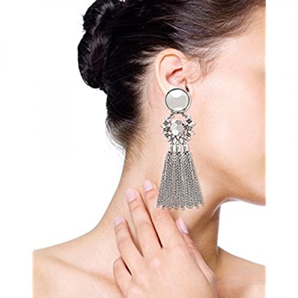 Bohemian Tassel Chandelier Dangle Earring For Women Clip On Earrings Long Drop Statement Earrings