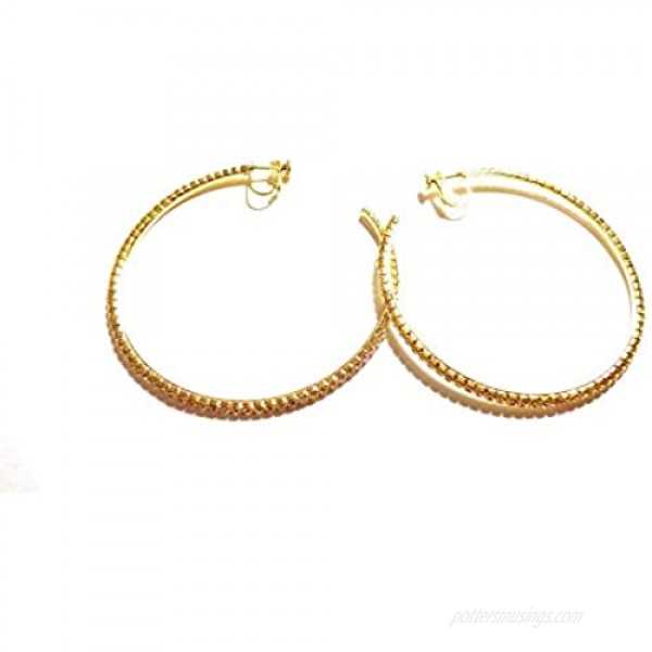 Clip-on Earrings Gold Tone Crystal Hoop Earrings 2.75 Inch Clip Hoop Earrings for Non Pierced Ears