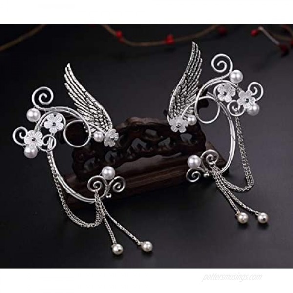 Elf Ear Cuffs OwMell Silver Pearl Beads Earring Handcraft for Filigree Fairy Elven Cosplay Fantasy Costume