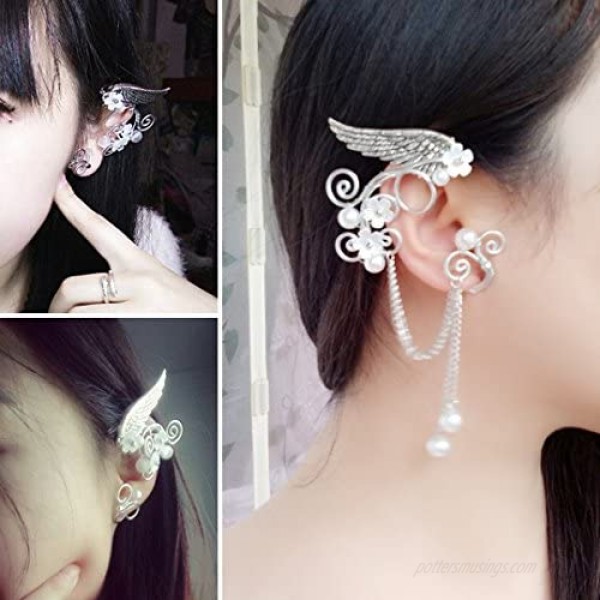 Elf Ear Cuffs OwMell Silver Pearl Beads Earring Handcraft for Filigree Fairy Elven Cosplay Fantasy Costume