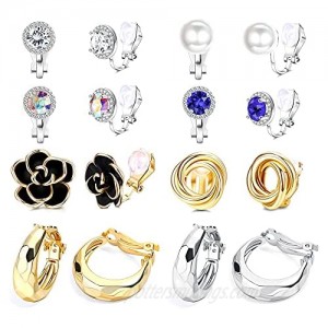 Fansilver 8 Pairs Clip Earrings Sets for Women Cubic Zirconia Crystal Freshwater Pearl Twist Knot Flower Earrings Clip On Hoop Earrings Non Pierced Clip on Earrings Jewelry