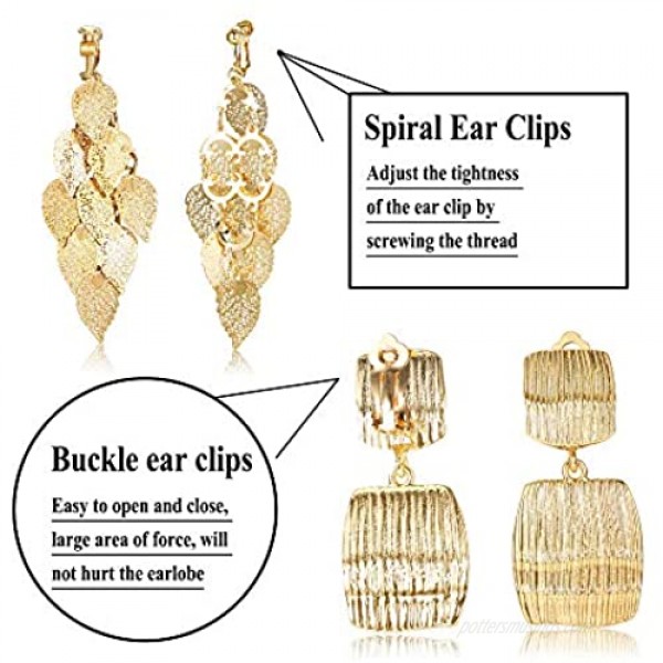 Finrezio 4 Pairs Clip On Drop Earrings Set Leaf Round Trapezoid Square Rectangle Golden Metal Geometric Clipon Earrings-Non Piercing Dangle Earrings