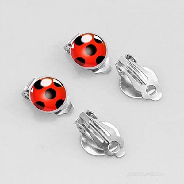 Ladybug Earrings Clip on Earrings No Pierced Ladybird Design Jewellery with Silver Ear Cuff Black Spot Red Charm for Girl woman Cosplay Ear Hoop