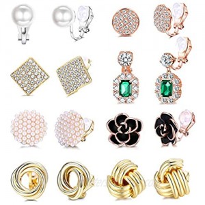 LOLIAS 8 Pairs Clip Earrings Sets for Women Rose Flower CZ Simulated Pearl Twist Gold Knot Clip Earrings with Rubber Pads Non Pierced Clip On Earrings Jewelry