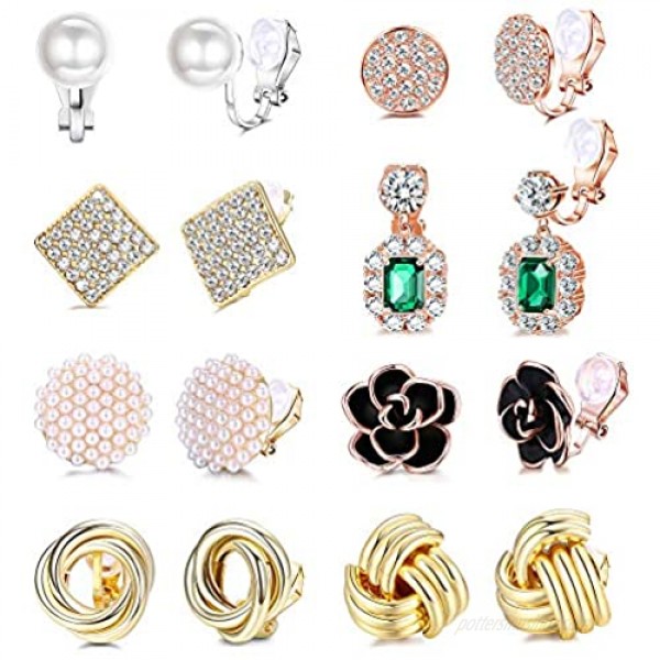 LOLIAS 8 Pairs Clip Earrings Sets for Women Rose Flower CZ Simulated Pearl Twist Gold Knot Clip Earrings with Rubber Pads Non Pierced Clip On Earrings Jewelry