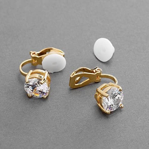 Mariell Cubic Zirconia Crystal Gold Wedding Clip On Stud Earrings for Women 2 Carat 8mm Round-Cut CZ