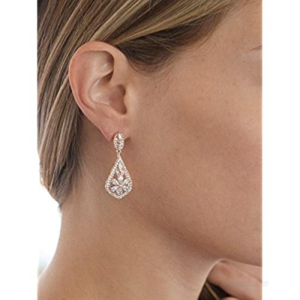 Mariell CZ Clip On Rose Gold Earrings - Art Deco Jewelry for Weddings Bridal Bridesmaids & Formals