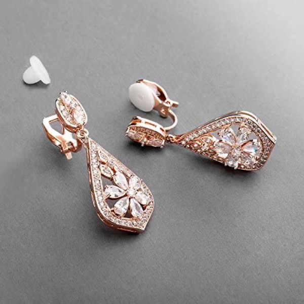 Mariell CZ Clip On Rose Gold Earrings - Art Deco Jewelry for Weddings Bridal Bridesmaids & Formals