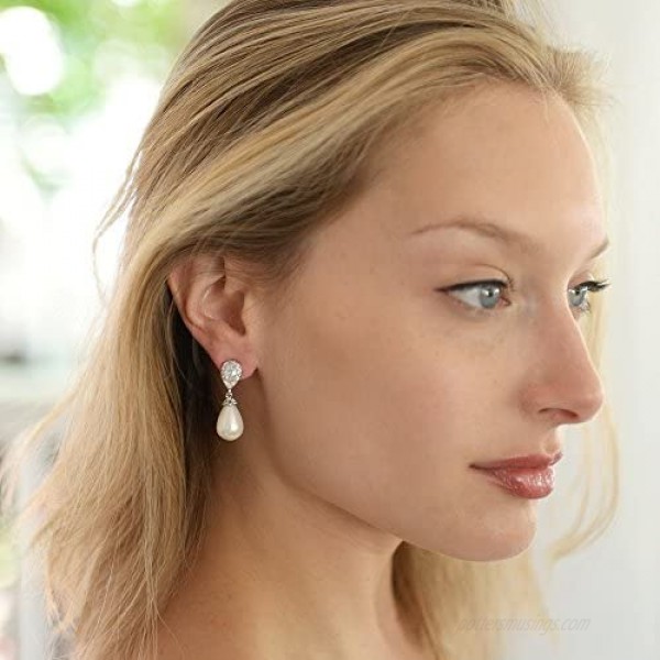 Mariell Glass Pearl Drop Clip On Earrings with Pear-Shaped CZ Halos for Wedding Bridal Formal & Fashion