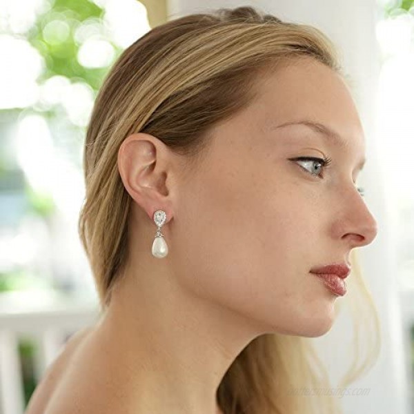 Mariell Glass Pearl Drop Clip On Earrings with Pear-Shaped CZ Halos for Wedding Bridal Formal & Fashion