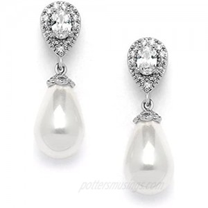 Mariell Glass Pearl Drop Clip On Earrings with Pear-Shaped CZ Halos for Wedding  Bridal  Formal & Fashion