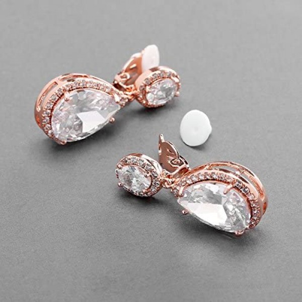 Mariell Pierced or Clip-On Bridal Earrings with Oval-Cut Framed Halos & Bold Pear-Shaped Teardrop Dangles