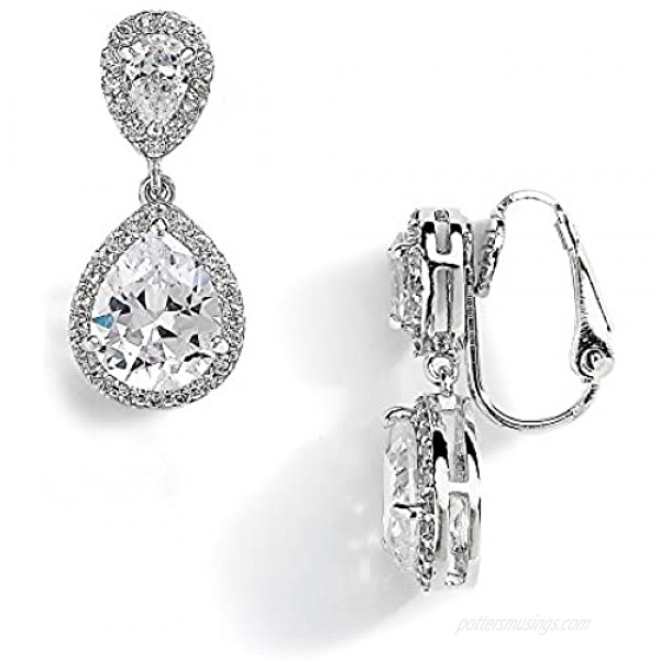 Mariell Teardrop Clip On Dangle Earrings - Pear Shaped Cubic Zirconia Bridal Wedding Earrings for Women