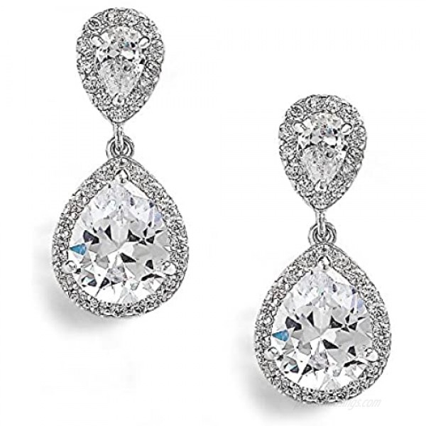 Mariell Teardrop Clip On Dangle Earrings - Pear Shaped Cubic Zirconia Bridal Wedding Earrings for Women