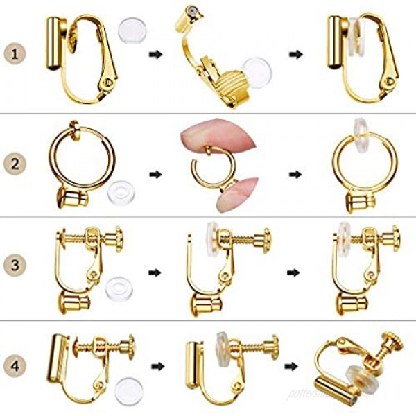Roctee 24 Piece 4 Styles Clip On Earrings Converter with Silicone Earring Pad Fashion Earring Clip Backs Earring Clamps in 3 Colors for Non Pierced Ears DIY Your Own Earrings (Gold/Silver/Rose)