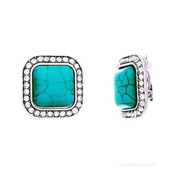 Rosemarie Collections Women's Southwestern Style Crystal Accented Square Turquoise Clip On Earrings