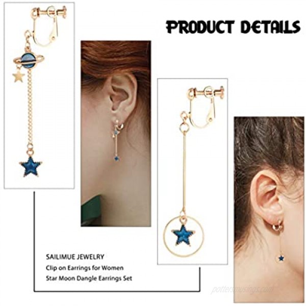 SAILIMUE 10 Pairs Clip on Earrings for Women Teens Dangle Earrings Clip Cute Moon and Star Earrings Non Pierced Ear Clip Set