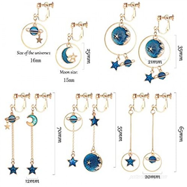 SAILIMUE 5Pairs Clip on Earrings Dangle Set for Women Teen Girls Cute Moon and Star Earrings Non Pierced Ear Clip Saturn Earrings