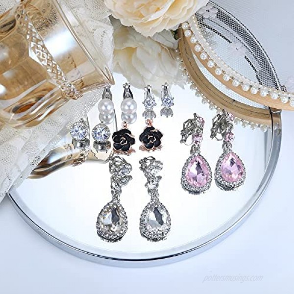 SAILIMUE 6 Pairs Clip Earrings Set For Women Crystal Teardrop Drop Dangle Clip Earrings Sparkle CZ Rose Flower Pearl Non Pierced Earrings Set Wedding Bridal Earrings