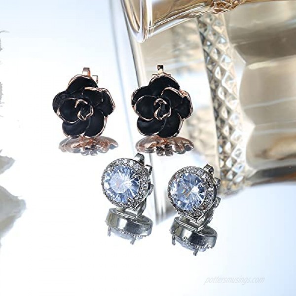 SAILIMUE 6 Pairs Clip Earrings Set For Women Crystal Teardrop Drop Dangle Clip Earrings Sparkle CZ Rose Flower Pearl Non Pierced Earrings Set Wedding Bridal Earrings